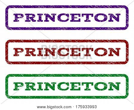Princeton watermark stamp. Text caption inside rounded rectangle frame with grunge design style. Vector variants are indigo blue, red, green ink colors. Rubber seal stamp with dirty texture.