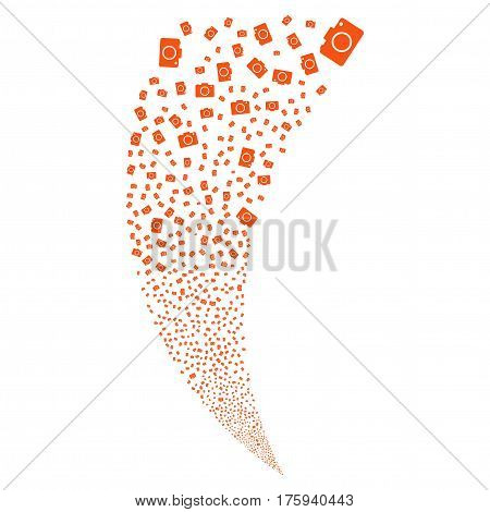 Photo Camera random fireworks stream. Vector illustration style is flat orange iconic symbols on a white background. Object fountain constructed from scattered pictograms.