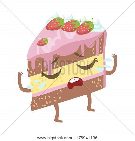 Slice Of Layered Strawberry Cake Cute Anime Humanized Cartoon Food Character Emoji Vector Illustration. Funny Product With Arms And Legs Childish Design Isolated Icon.