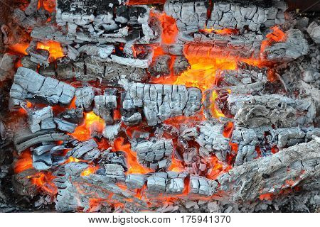 The fire and ashes in the metal brazier background
