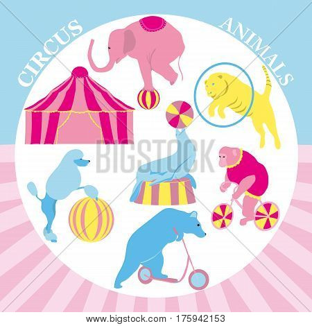 Vector illustration of Circus clip art set. Vintage hipster collection with monkey, tiger, bear, elephant, pudel, seal, icons and background. Animals in the arena