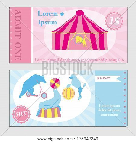Vector illustration of Vintage set circus ticket template. Invitation coupon with tent, bear, pudel on arena.