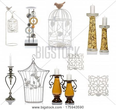 Decorative figurines, statuette, accessories for interior, isolated white background