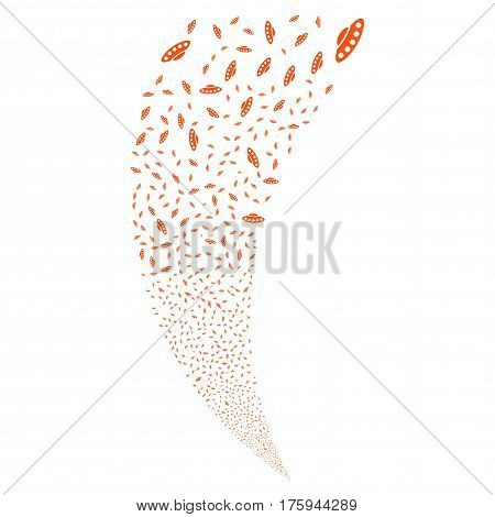 UFO random fireworks stream. Vector illustration style is flat orange iconic symbols on a white background. Object fountain made from scattered design elements.
