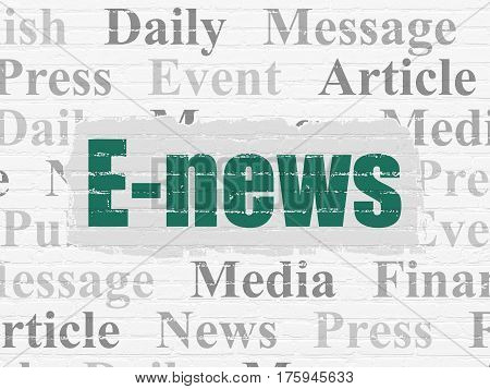 News concept: Painted green text E-news on White Brick wall background with  Tag Cloud
