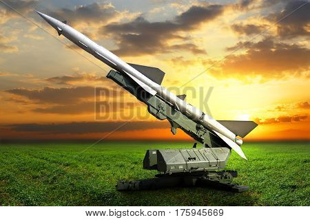 Military equipment. Launch a setup aimed at the sky defense missile. Installation with a rocket on a beautiful background