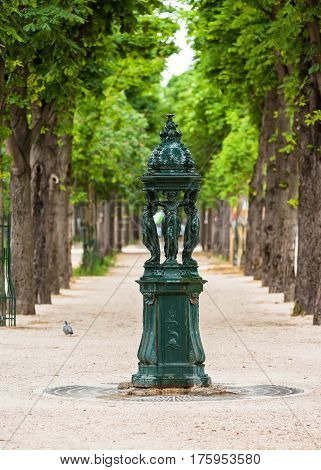 Paris France - June 03 2015: One of the drinking antique Wallace fountains with women group sculpture on the Champs Elysees. Those fountains are recognized as one of the symbols of Paris.