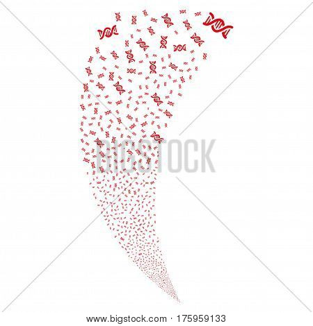 DNA Spiral random fireworks stream. Vector illustration style is flat red iconic symbols on a white background. Object fountain made from scattered design elements.