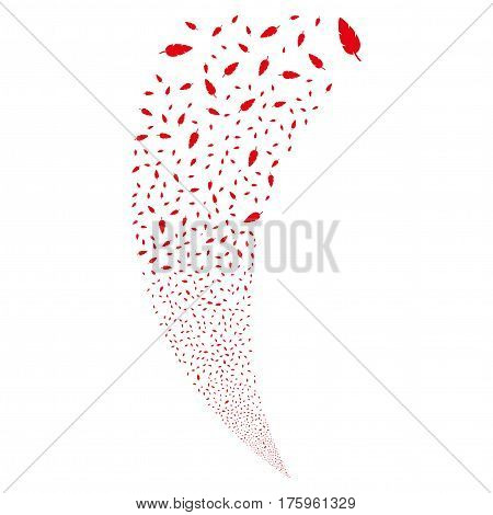 Feather random fireworks stream. Vector illustration style is flat red iconic symbols on a white background. Object fountain made from scattered icons.