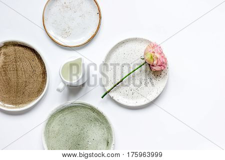 ceramic tableware top view on white background mock up.