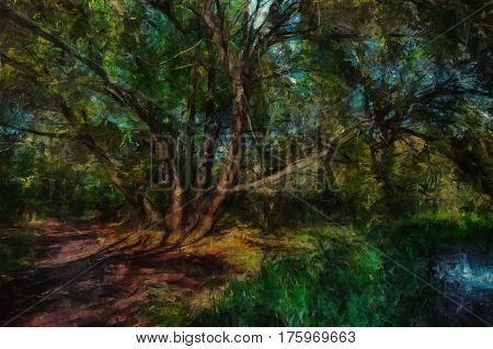 Oil painting. The Sun in the shade of a tree