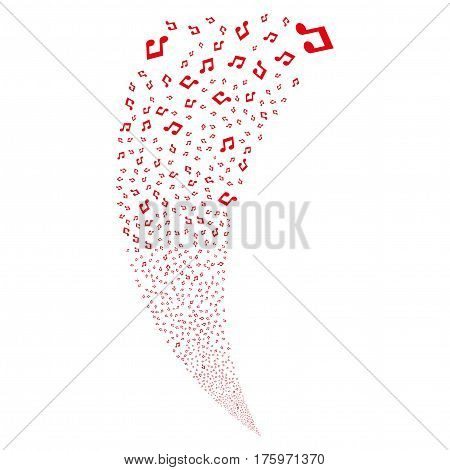 Music random fireworks stream. Vector illustration style is flat red iconic symbols on a white background. Object fountain done from scattered design elements.