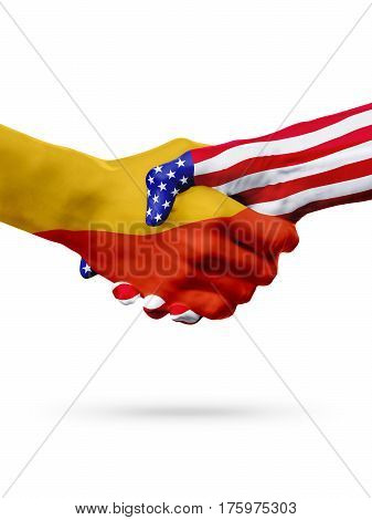 Flags of Bhutan and United States countries handshake cooperation partnership and friendship or sports competition isolated on white