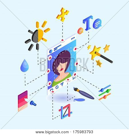 Instruments for photo editing instruments for a social network. Isometric vector illustration.