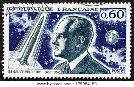 FRANCE - CIRCA 1967: a stamp printed in France shows Robert Esnault-Pelterie was a pioneering French aircraft designer and spaceflight theorist circa 1967