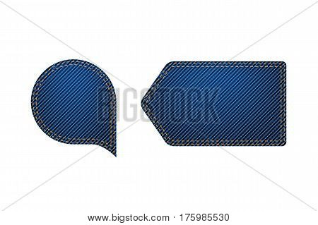 illustration of set blue color denim textured labels with shadow on white background