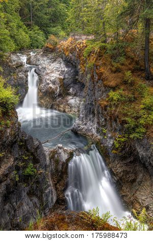 Upper Falls at Little Qualicum Falls near Qualicum Beach and Parksville on Vancouver Island British Columbia Canada.