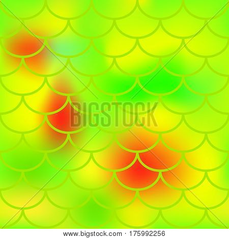 Yellow green fish skin vector pattern for background. Bright fish scale seamless pattern. Gradient mesh background with fishscale ornament. Vibrant yellow green color mix. Golden fish tail ornament