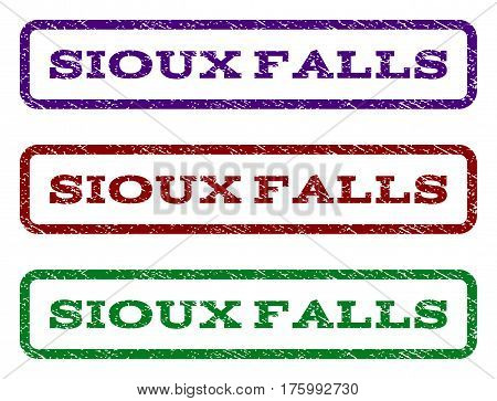 Sioux Falls watermark stamp. Text tag inside rounded rectangle frame with grunge design style. Vector variants are indigo blue, red, green ink colors. Rubber seal stamp with unclean texture.