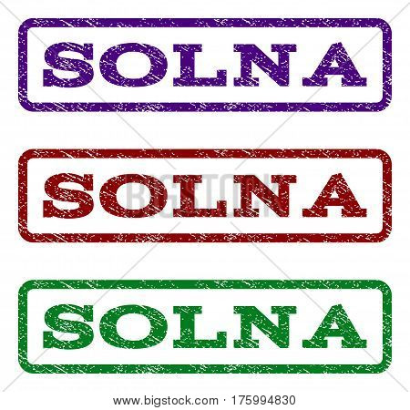 Solna watermark stamp. Text caption inside rounded rectangle frame with grunge design style. Vector variants are indigo blue, red, green ink colors. Rubber seal stamp with dirty texture.