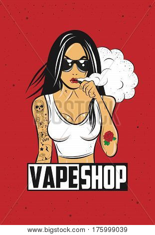 Poster For Vape Shop. Vape Girl. Vector Illustration