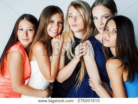 Many Girlfriends Hugging Celebration On White Background, Smilin