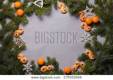 Frame With Traditional Saffron Buns, Tradition In Sweden At Lucia And Christmas, Xmas Decorations, I