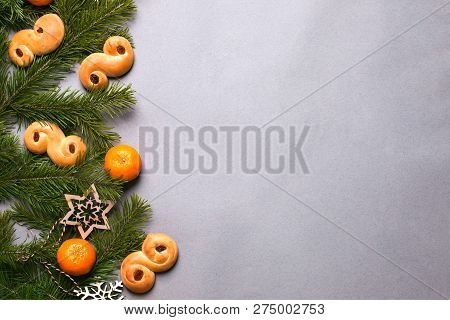 Frame With Traditional Saffron Buns, Tradition In Sweden At Lucia And Christmas, Xmas Decorations, I