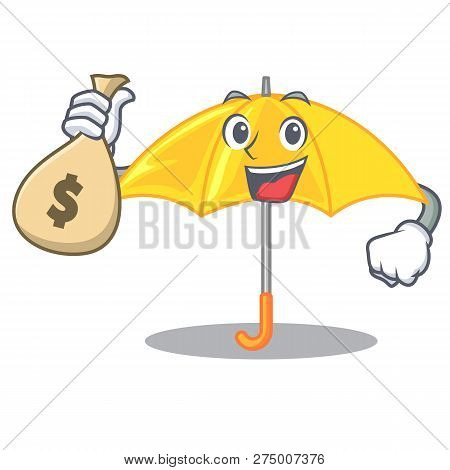 With Money Bag Yellow Umbrella Isolated On A Mascot