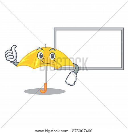 Thumbs Up With Board Yellow Umbrella Isolated On A Mascot