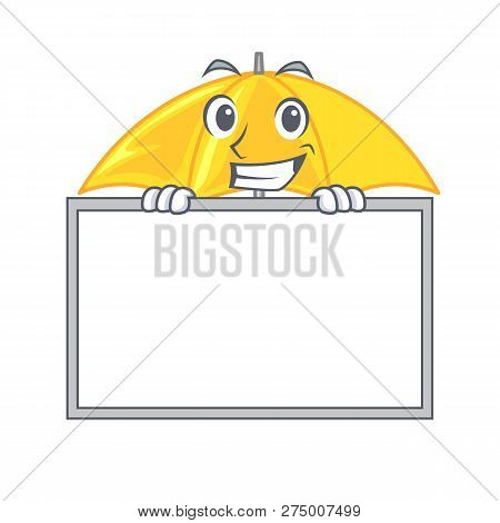 Grinning With Board Yellow Umbrella Isolated On A Mascot