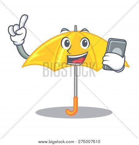 With Phone Yellow Umbrella Isolated On A Mascot