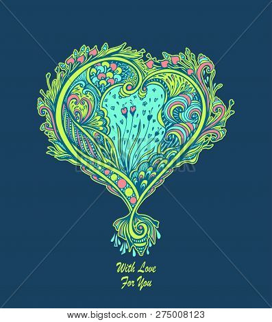 Creative Composition With Zen Tagle Heart In Vintage Style In Blue Green Pink  On Dark For Post Card