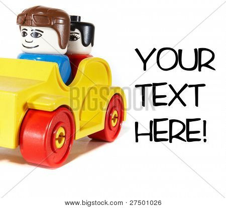 Toy car with a couple driving over white background with lots of copyspace. The car has slight shadows to show the depth.
