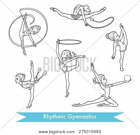 Vector Black And White Set Of Rhythmic Gymnastics.  Cartoon Girl With The Ball, With Clubs, Ribbon, 