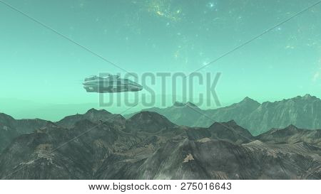 3d Illustration Of  Alien World In Space With Nebula And Stars.spacecraft In The Alien Planet, .spac