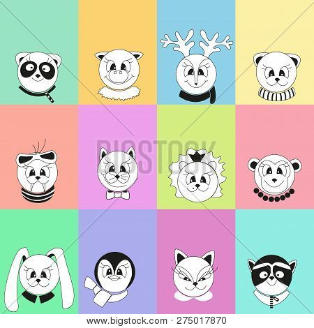 Set Of Vector Illustrations Of 12 Cartoon Animals. Black And White Drawings On A Colored Background.
