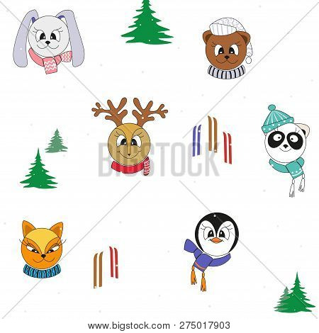 Cute Cartoon Animals, Trees, Ski. Seamless Vector Pattern.