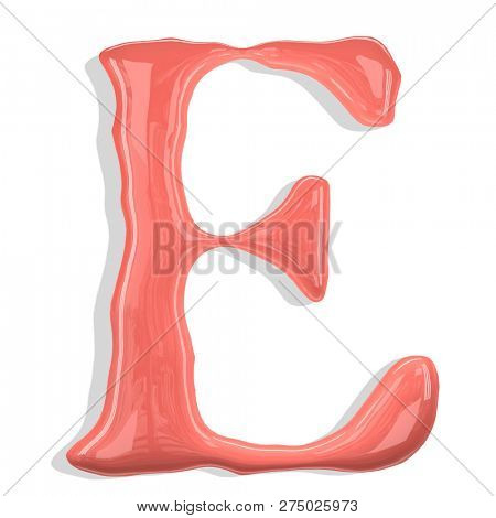 Letter E made of paint drops color living coral. Isolated on white background. 3d rendering.