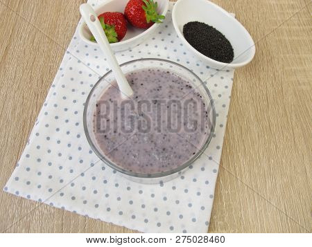 Strawberry Dessert With Basil Seeds In Glass Bowl