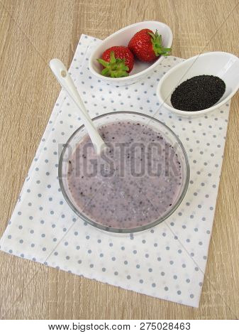 Strawberry Dessert With Basil Seeds In Glass Bowl