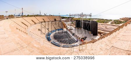Caesarea, Israel - May 22, 2012: Panoramic View On Ancient Caesarean Amphitheater With Modern Scene 