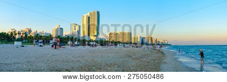 MIAMI BEACH,UNITED STATES - DECEMBER 3,2018 : Panoramic view of South Beach at sunset with a view of the Miami Beach skyline