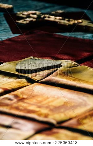 Voyutyn, Volyn / Ukraine - October 14 2008: Blessed Altar Cloth In The Church. Shallow Depth Of Fiel