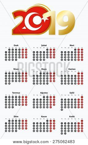 Vector Template Calendar 2019 With Number In Circles, Simple Turkish Calendar For Year 2019.