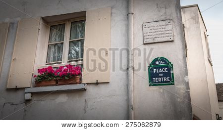 Paris, France - October 6, 2018: Place Du Tertre Panel And A Commemorative Marble Plaque Reminding T