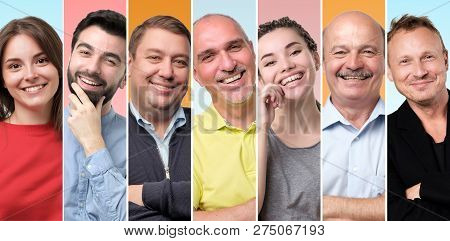 Collage Of Different People Having Good Mood, Smiling, Looking Confident And Happy.