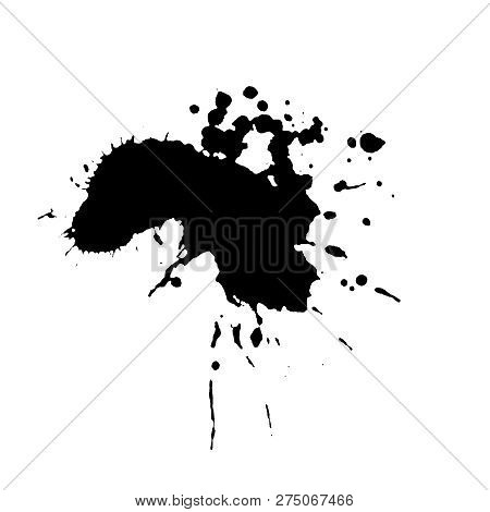 Ebony Ink Blob. Black Blotch On White Background. Ink Splatter With Droppings. Black Paint Spilled D
