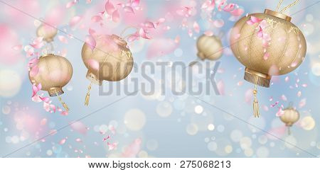 Flying Petals And Silk Lanterns On A Blue Background. Flowers And Petals In The Wind. Chinese New Ye