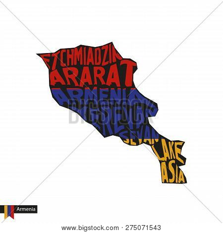 Typography Map Silhouette Of Armenia In Black And Flag Colors. Vector Illustration.